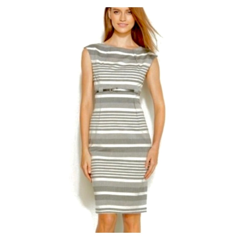 Calvin Klein Gray Striped Belted Sheath Dress - Picture 1 of 11